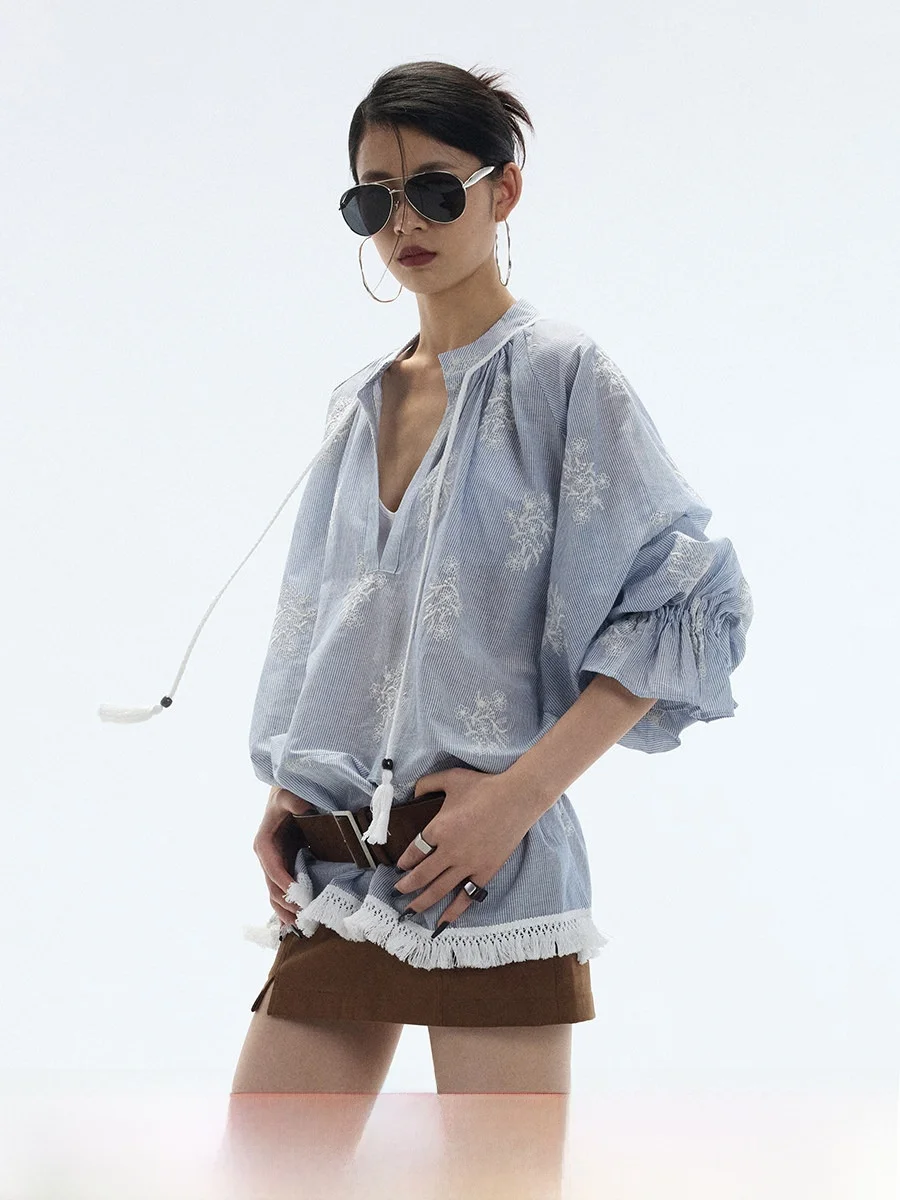 

Свободная женская хлопковая блузка Ourhour с бахромой по низу, сине-белыми полосками, вышивкой, длинными рукавами и тонким воротником