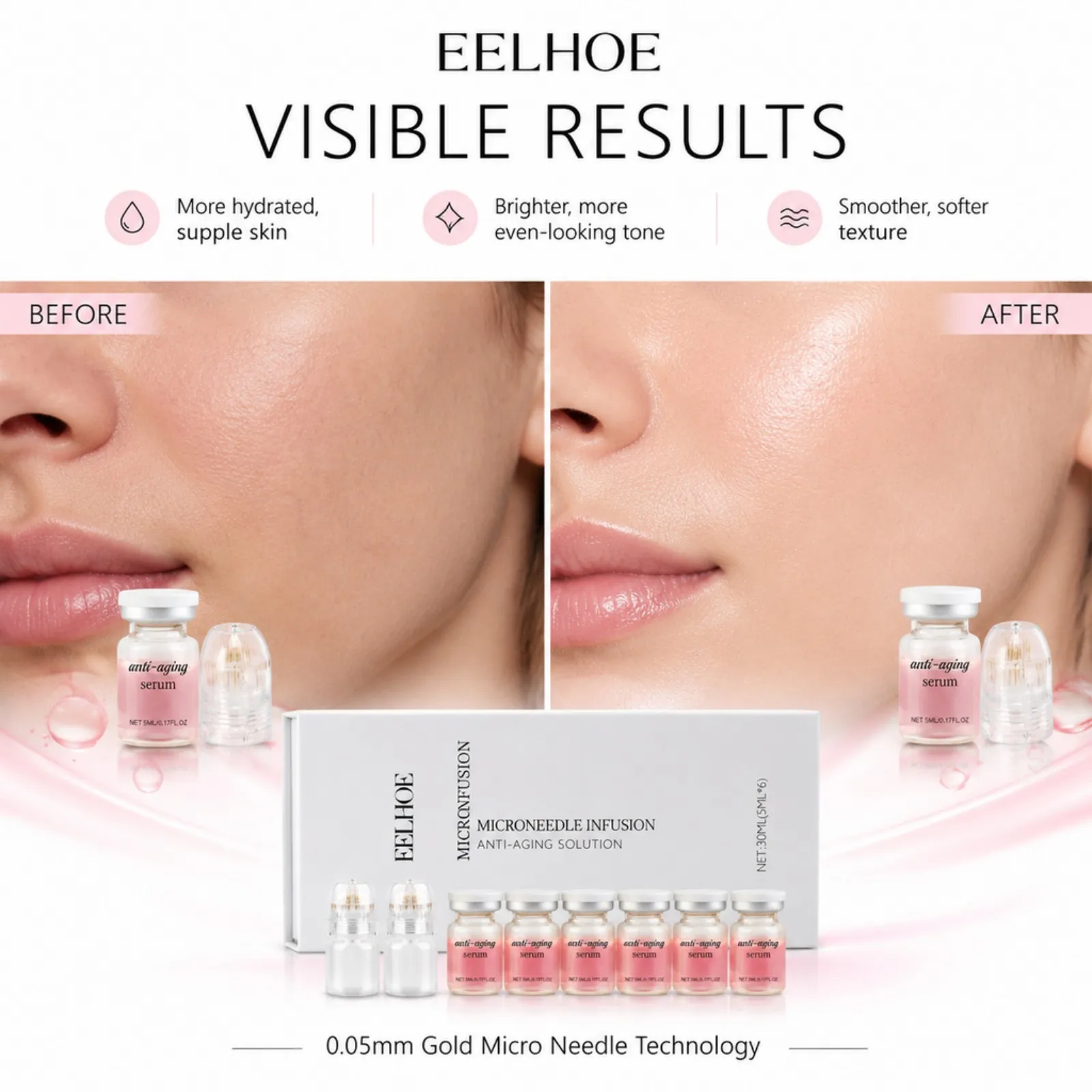 0.2mm Microneedle Serum Kit 6 Vials Collagen for Smooth Skin Hyaluronic Acid Firming Travel Friendly Daily Facial Care Set
