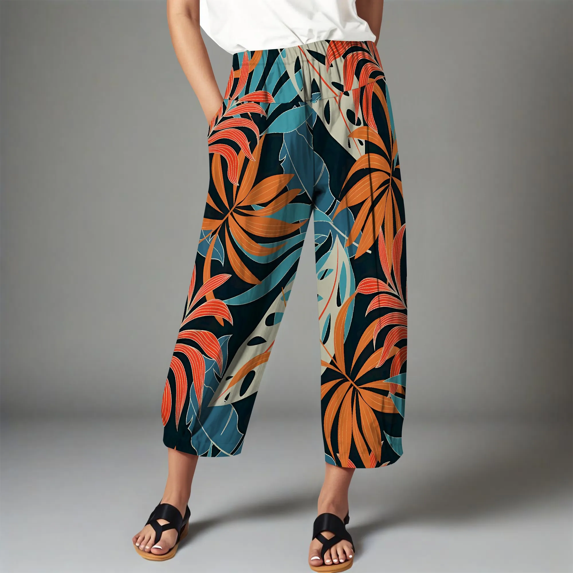 

Nupusa Tropical Leaf Print Pants for Women Regular Size Summer Casual High - Waist Cropped Pants