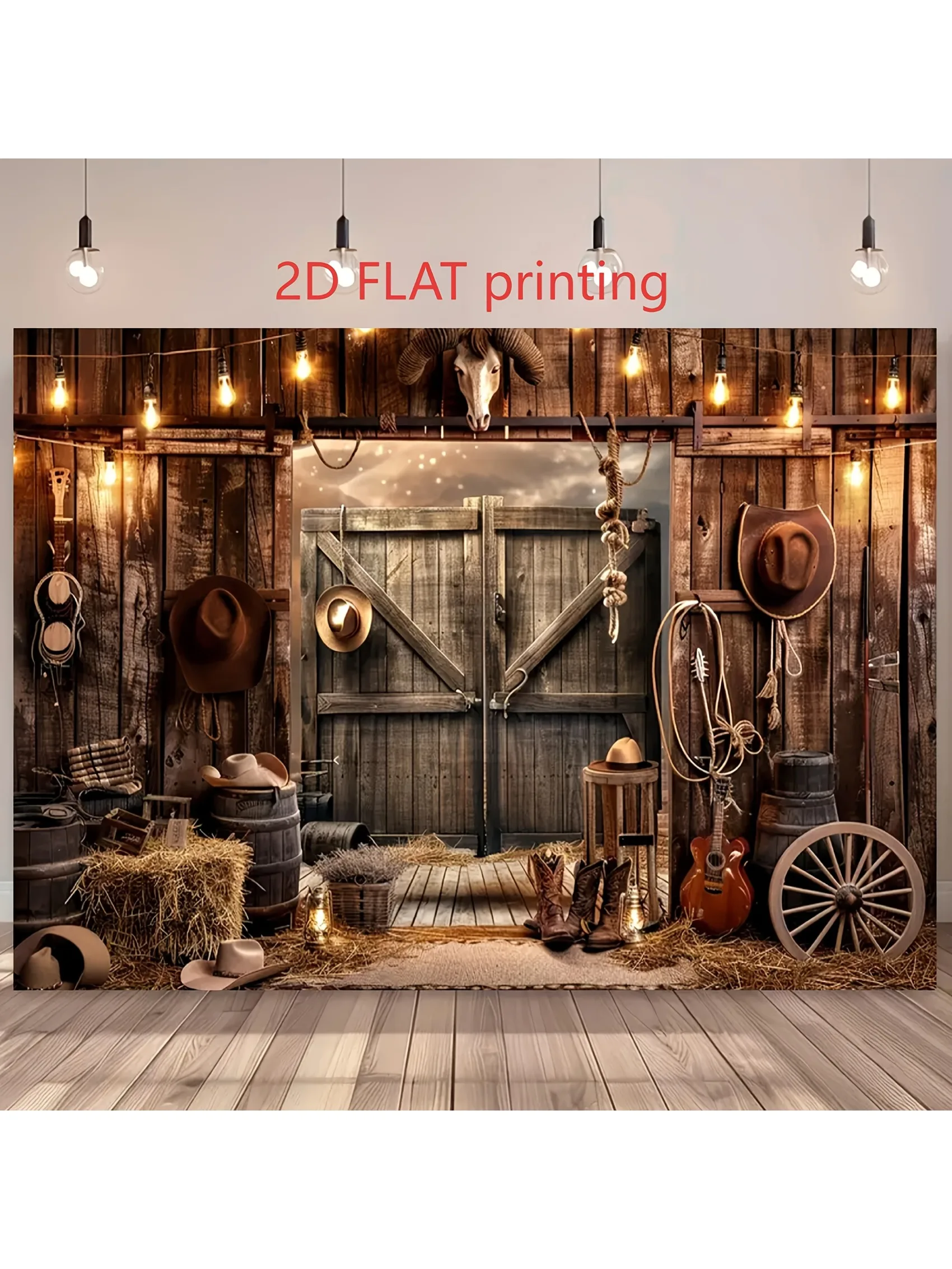 2D platte 1pc Western cowboy-thema feestachtergrond, westerse staldeur met hoefijzers, cowboyhoed, fotoachtergrond - afbeelding 2