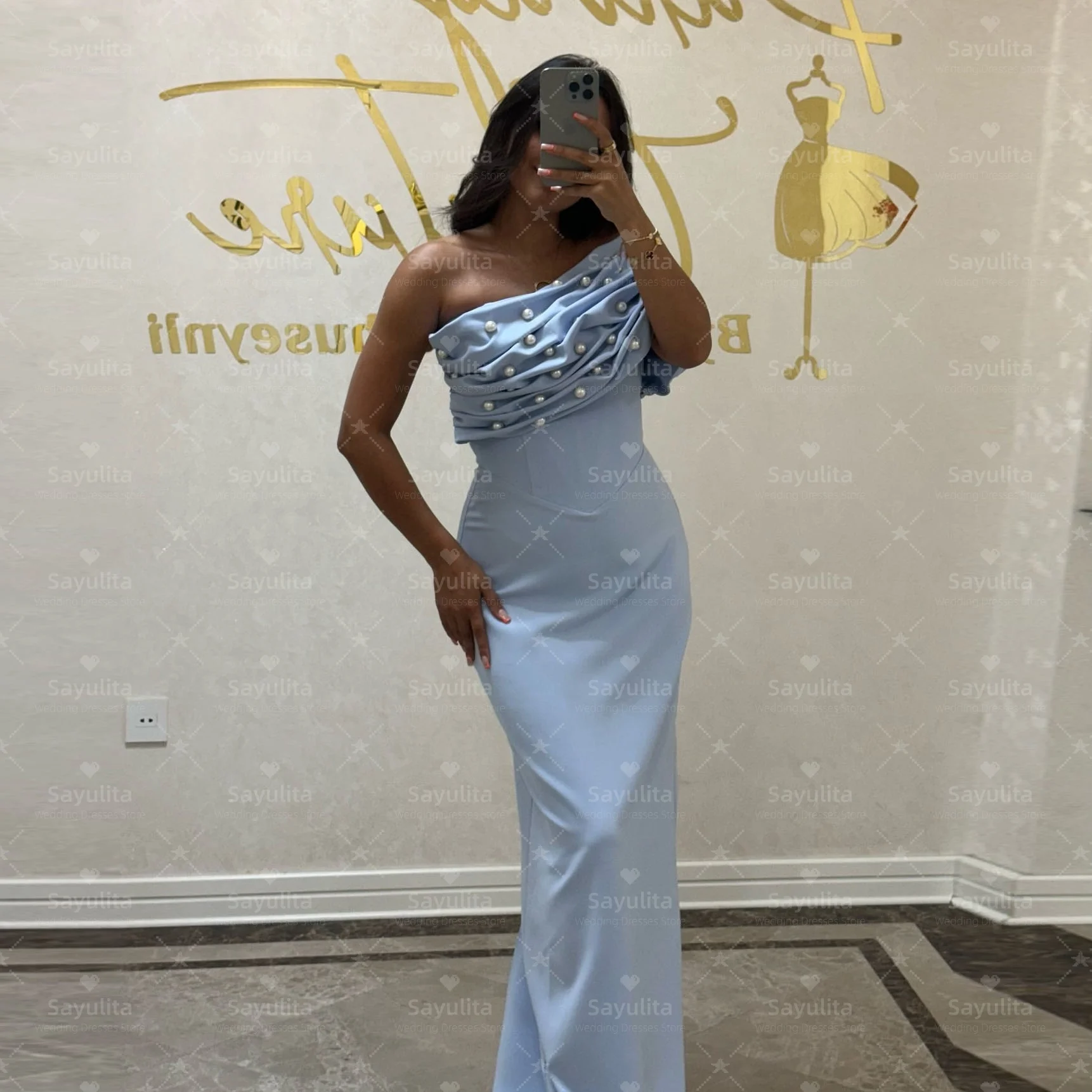 Sayulita 진주 장식이 있는 댄스 파티 드레스 결혼식을 위한 주름진 원 숄더 신부 들러리 드레스 섹시한 백 이브닝 파티 가운 맞춤형