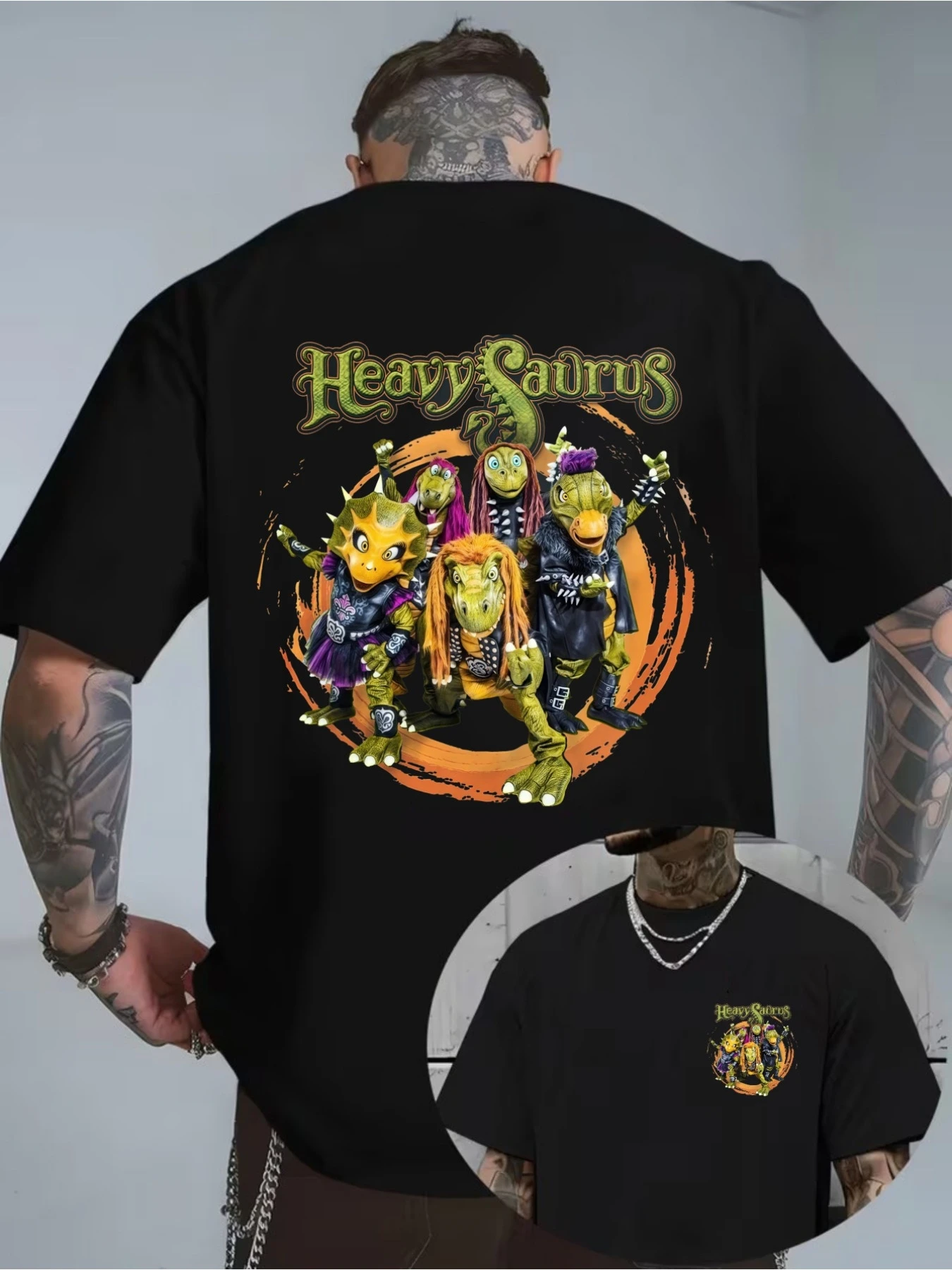 Men'S Heavy Saurus Dinosaur Heavy Metal Band Graphic T-Shirt, Funny Rock Music Lover Casual Tee