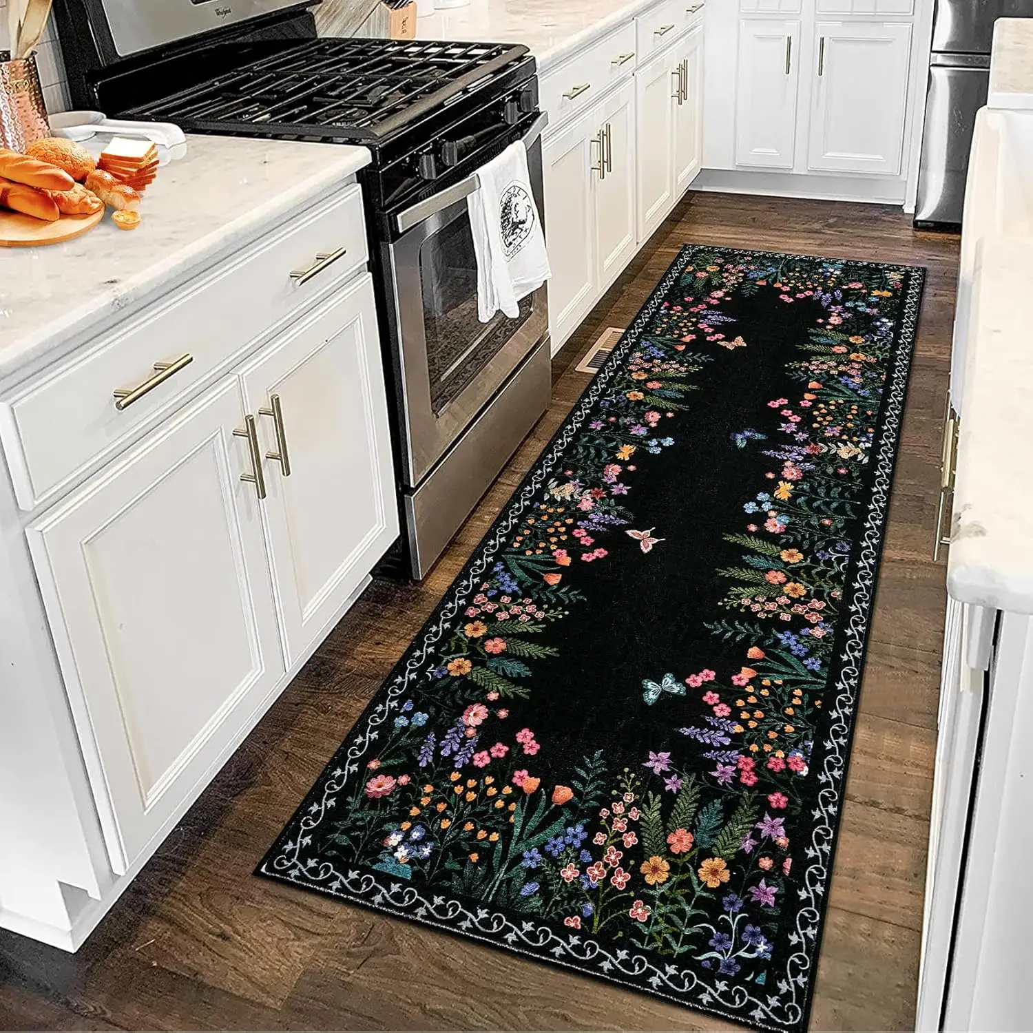 Boho Washable Rug for Entryway Floral Living Room Rugs, Non Slip Soft Bedroom Rug Floor Carpet for Dining Room Laundry Foyer