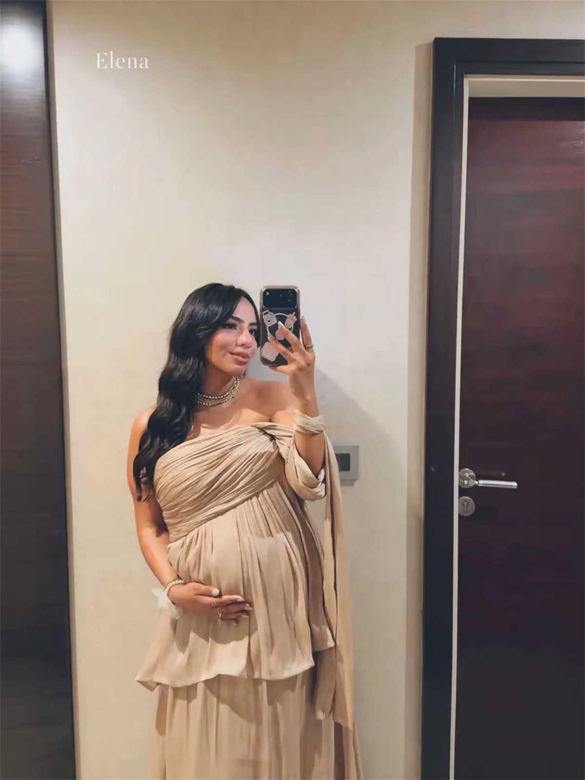 Elena Beige Evening Gown A-Line One Shoulder Sleeveless Chiffon Asymmetrical Draped Bodice Flowing Maternity Friendly Customized