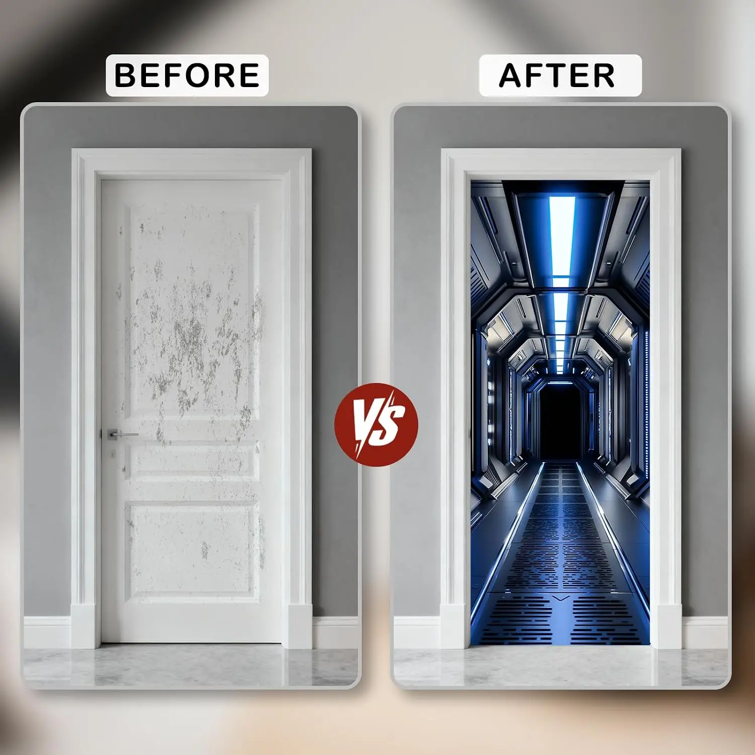 3D Sci-Fi Space Corridor Door Sticker Self Adhesive Vinyl Mural Removable Futuristic Tunnel Bedroom Home Door Renovation Decal