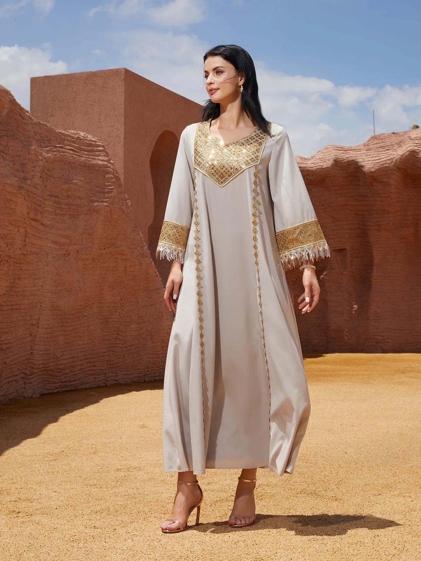 Eid Abaya Abito da donna Musulmano Paillettes Nappa Dubai Abiti Largos Abiti lunghi Caftano Arabo Robe Party Caftano Jalabiya Ramadan