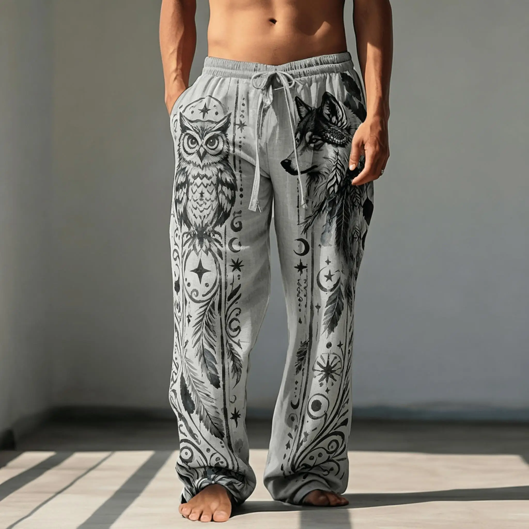 Men's Tribal Wolf & Owl Print Drawstring Pants, Casual Ethnic Style Trousers for Spring & Summer
