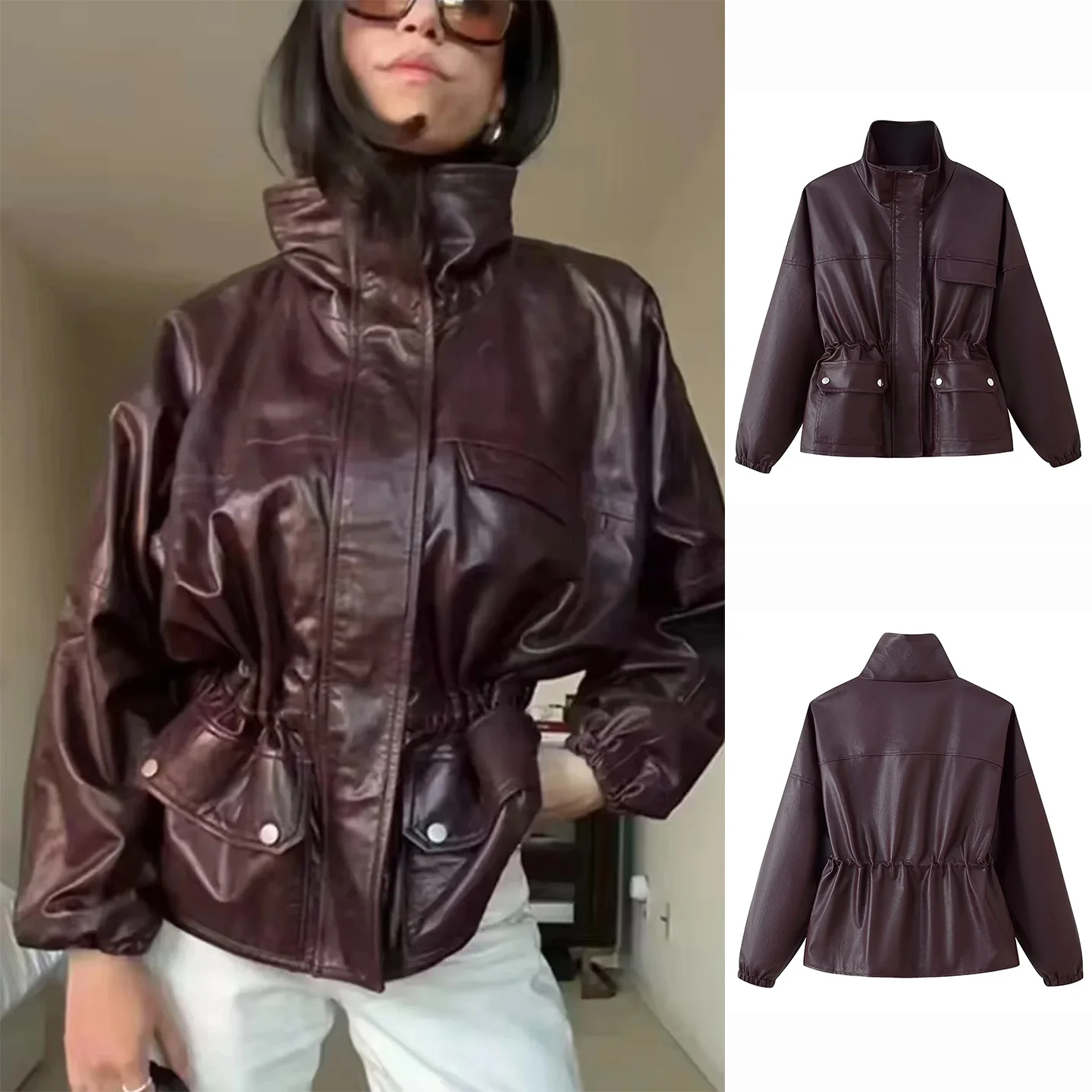 المرأة الخريف الشتاء ort بو الجلود Jaet الرجعية الخصر مقصوص الوقوف طوق كيت التفاصيل Ins Sle السيدات ملابس خارجية