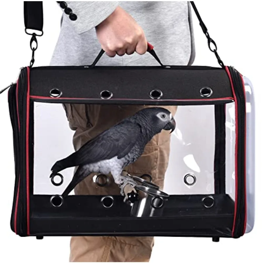 

Lightweight bird carrier for travelers: plastic cage with black finish includes parrot feeder cups and standing perch large 19