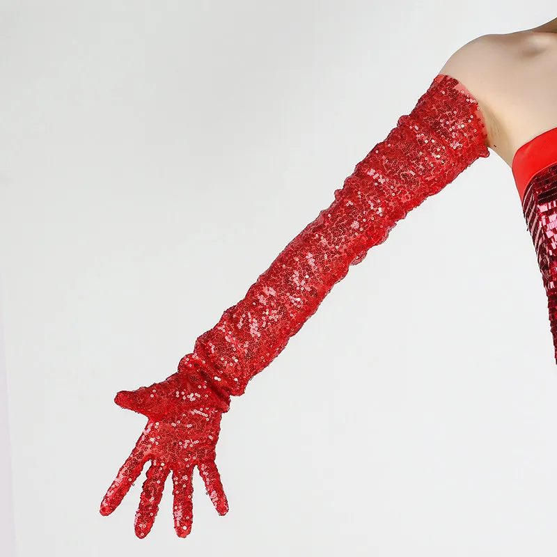70 cm lange Pailletten-Handschuhe für Damen, Tüll-Spitzen-Mesh, halbtransparent, weiß, technisches Silber, grün, elegante Armstulpen, sexy, leicht – Detail 10