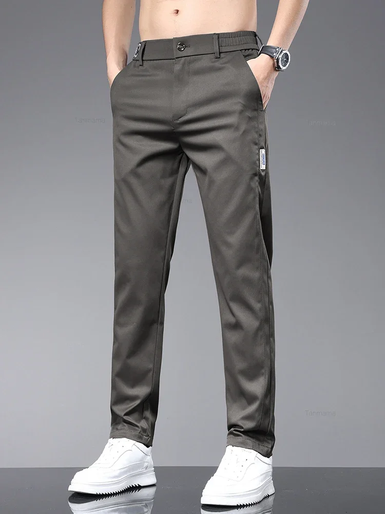 Summer Ultra-thin Men\'s Elastic Casual Pants Fashion Soft Ice Silk Solid Color Elastic Waist Slim Straight Trousers Black Beige