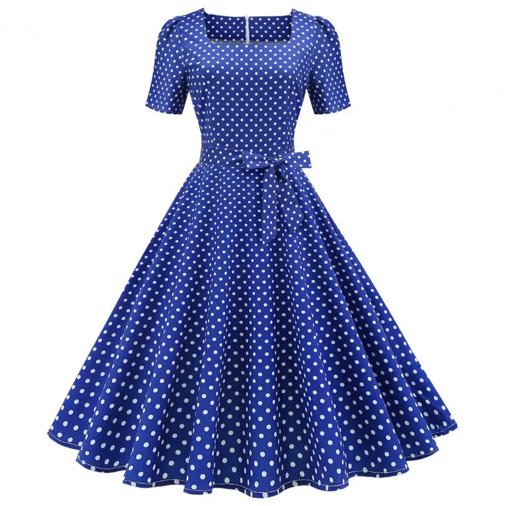 Vintage Women Polka Dot Dress Movie Style Elegant Timeless Retro Design Square Collar Dress