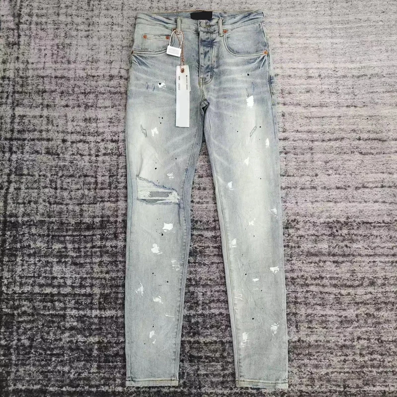 

New Purple High Street Style Splashed Ink Single Knee Hole Light Colored Distressed Washed Retro Elastic Slim Fit Jeans