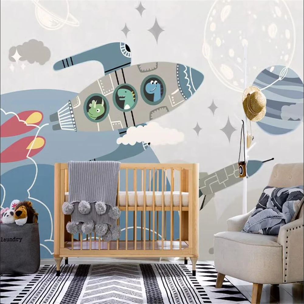 custom Cartoon space wallpaper children's room boy's bedroom mural background kindergarten aircraft wallpaper 3D home decoration