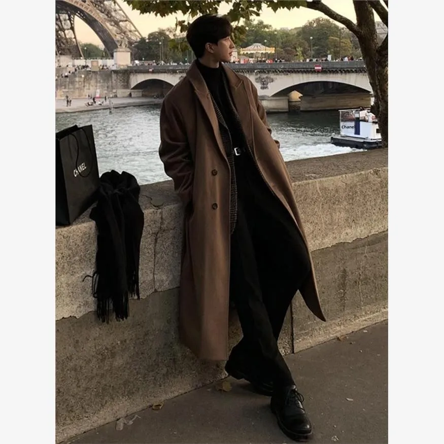 

Thiened Woolen Men's Coat Autumn Winter Long Over-Knee Korean Sle Faionable Single-Breasted Polyester Fiber Coat