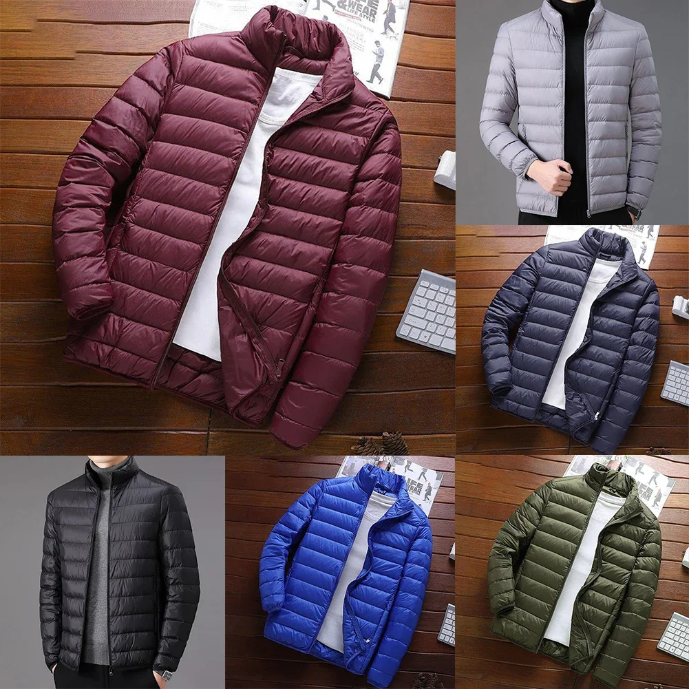 Lightweight Packable Cotton Coat Jacket for Men Solid Color Winter Top with Long Sleeve and Stand Collar Ideal for Vacation