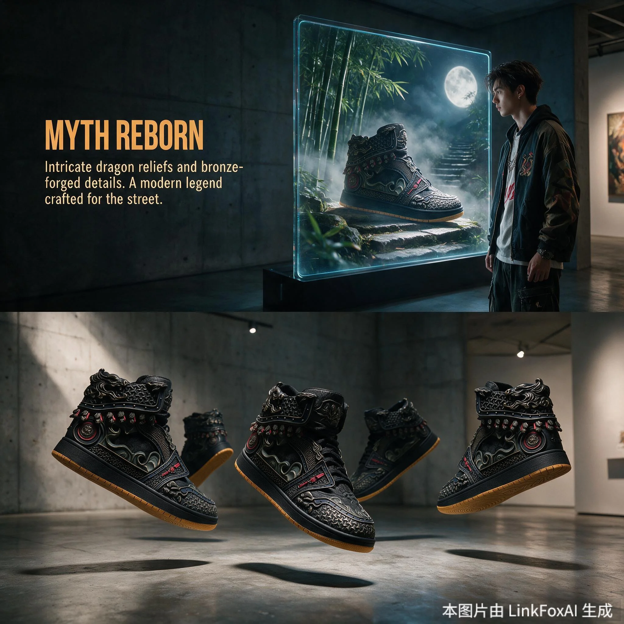 Men Wukong Chain‑mail Totem High‑top Board Shoes 2026 Chinese Style Rubber Sole Wear‑resistant Lace‑up Large‑size Sneakers Black