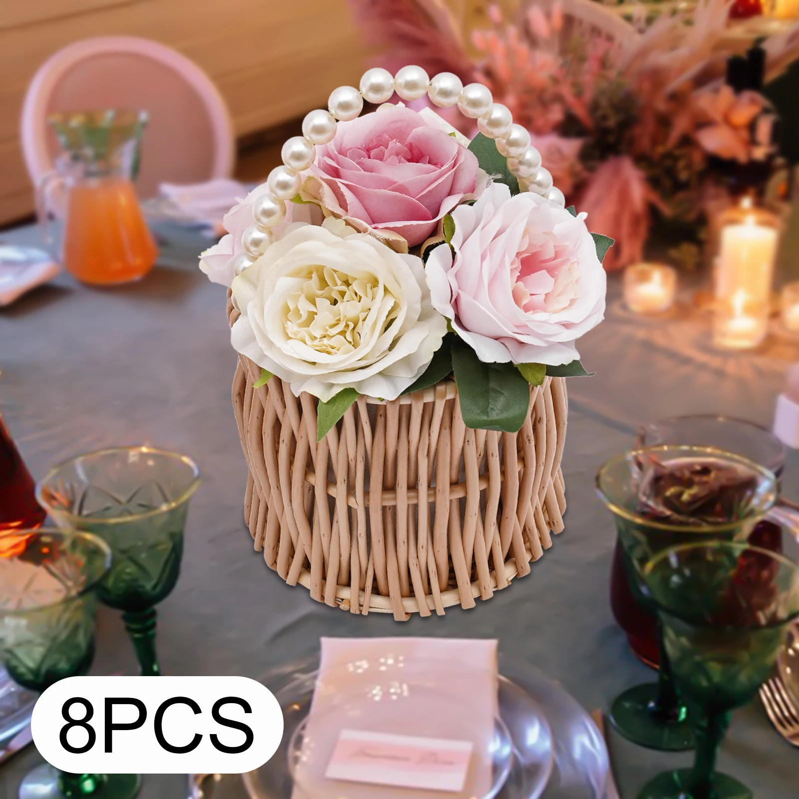 8Pcs Wicker Wedding Flower Girl Baskets Flower Basket Pearl Floral Holder with Handle Party Decorations