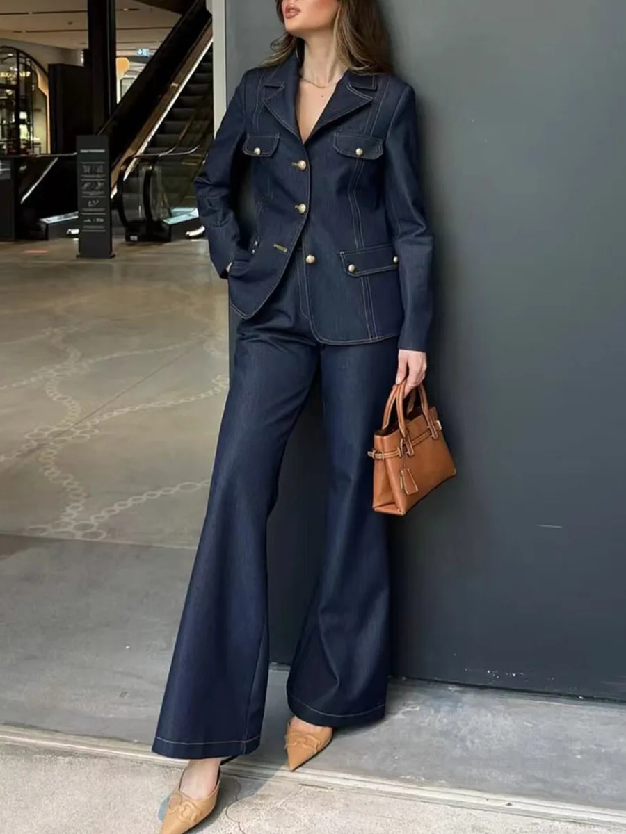 TWOTWINSTYLE Set Dua Potong Pelangsing untuk Wanita Kerah Lengan Panjang Sambungan Atasan Kancing Sebaris Celana Pinggang Tinggi Set Elegan Wanita