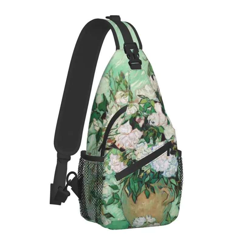 Vincent Van Gogh Still Life Sling Chest Bag Vase with Pink Roses Crossbody Shoulder Backpack for Men Traveling Daypack