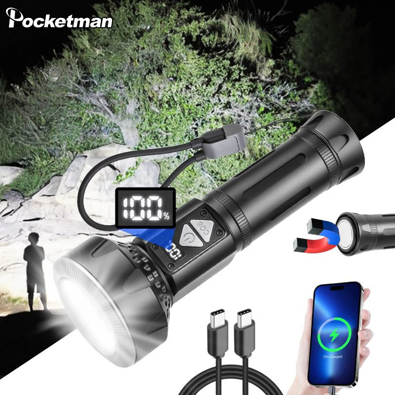 

30W LED+8*LED+COB White/Yellow Light High Power Flashlight Aluminum Alloy Tactical Torch Type-C USB Rechargeable Flashlights