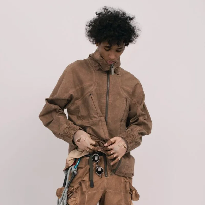 HKSH Spring Autumn New Men Tide Punk Retro Patchwork Cut Stand Collar Safari Style Jacket Simple Casual Waste Land Coats HK17153