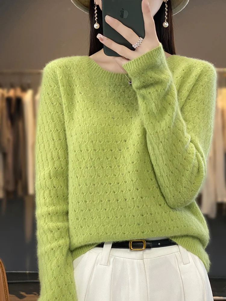 New Women' s O-neck Pullover Sweater Hollow Out Grace Basic Jumper Autumn Winter 100% Merino Wool Knitwear Female Clothing Tops