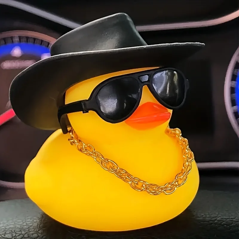 1PC cute yellow duck car ornament with black cowboy hat and sunglasses, car decoration, holiday gift