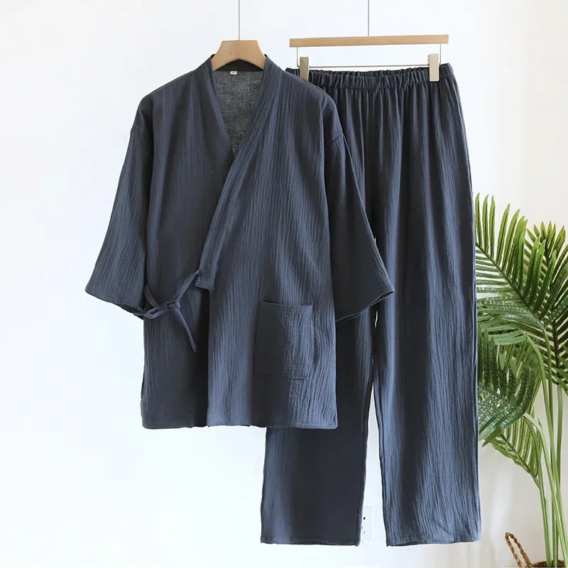 Large Size Kimono Robes with Pocket and Long Pants 2 Pcs Pajamas Set for Men Sleepwear Clothes Cotton Pjamas for Men