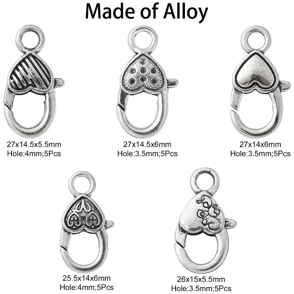 25pcs Antique Silver Heart Pattern Lobster Claw Clasp Mixed Style Trigger Snap Clasps for DIY Necklace Bracelet Jewelry Making