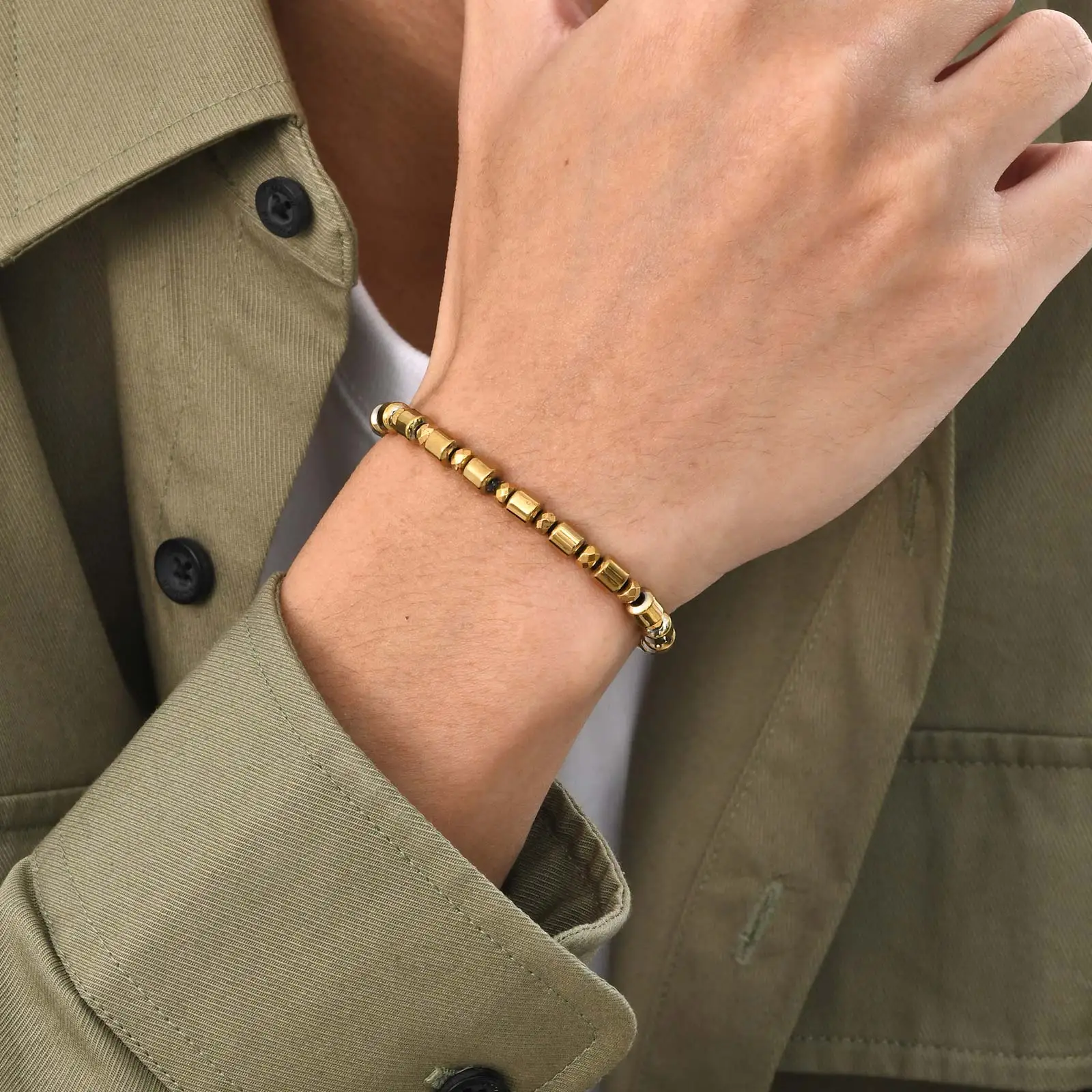 Hematite Beaded Bracelets for Men Boys,Gold Color Cylindrical Beads Bracelet,Eliminating negative energy in the body