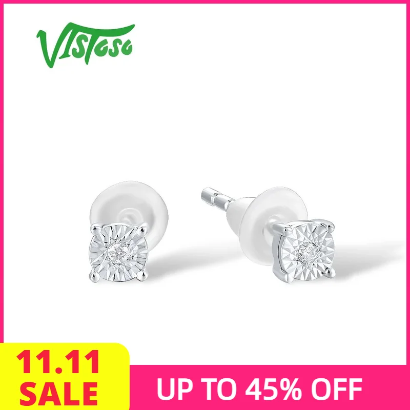 

VISTOSO Gold Earrings For Women 9K 375 White Gold Sparkling Diamond Stud Earrings Sample Wedding Anniversary Gift Fine Jewelry