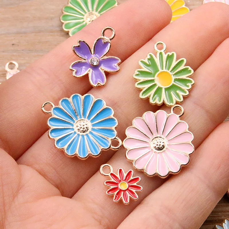 10PCS 7 Styles Mix Color Alloy Metal Drop Oil Colorful Flower Charms Plant Pendant For DIY Bracelet Necklace Jewelry Making