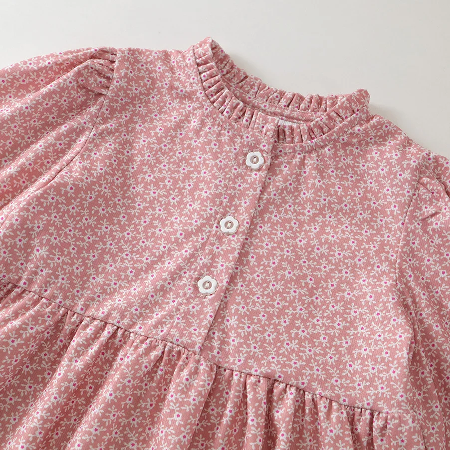 ملابس الأطفال الكورية 2025 فستان زهري للربيع والخريف منتج جديد، فستان الأميرة الوردي بأكمام طويلة للفتيات