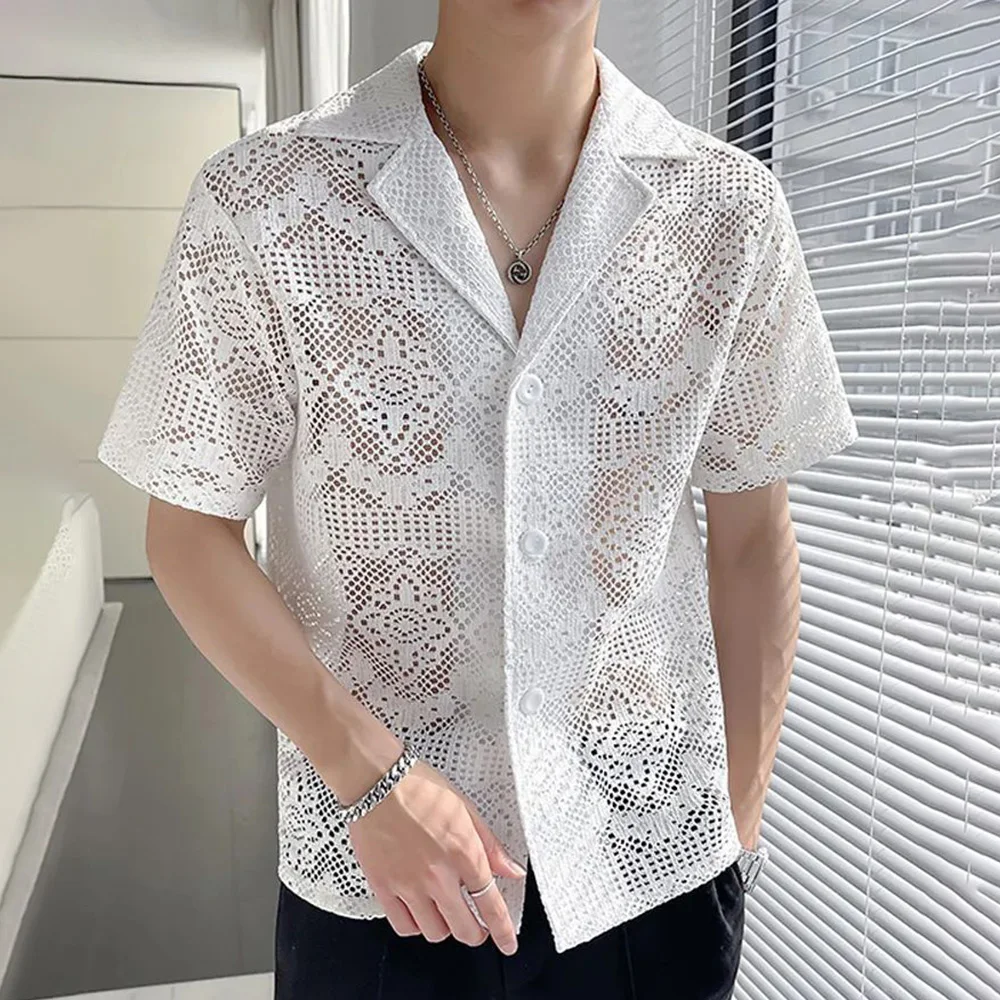 

Mens Shirts Hollow Perspective Shirts Niche Streetwear Casual Breathable Personality Short-Sleeve Tops Men'S Clothing Summer New