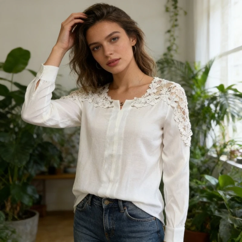 

Новая модная женская белая блузка с круглым вырезом, кружевными вставками и длинными рукавами, элегантный полупрозрачный пуловер, повседневная блузка