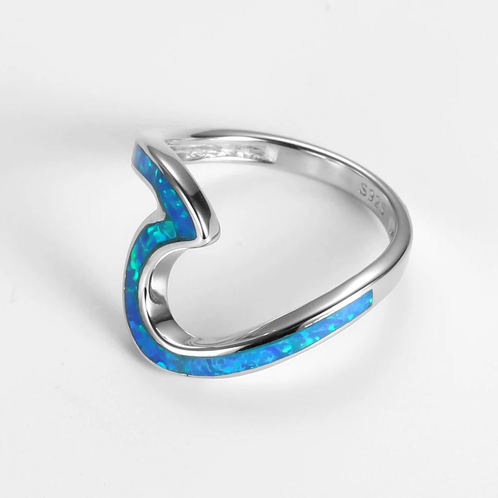 925 Sterling Silver Rings Blue Opal Wave Shape for Women Special Vintage Engagement Finger Ring Female Ring Fine Jewelry