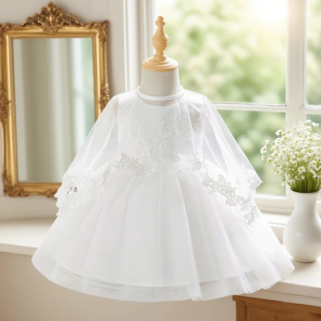 Baby Girl Formal Dress Dress Set (Skirt + Shawl) Elegant White Dress for Baby Girl Baptism Birthday Party