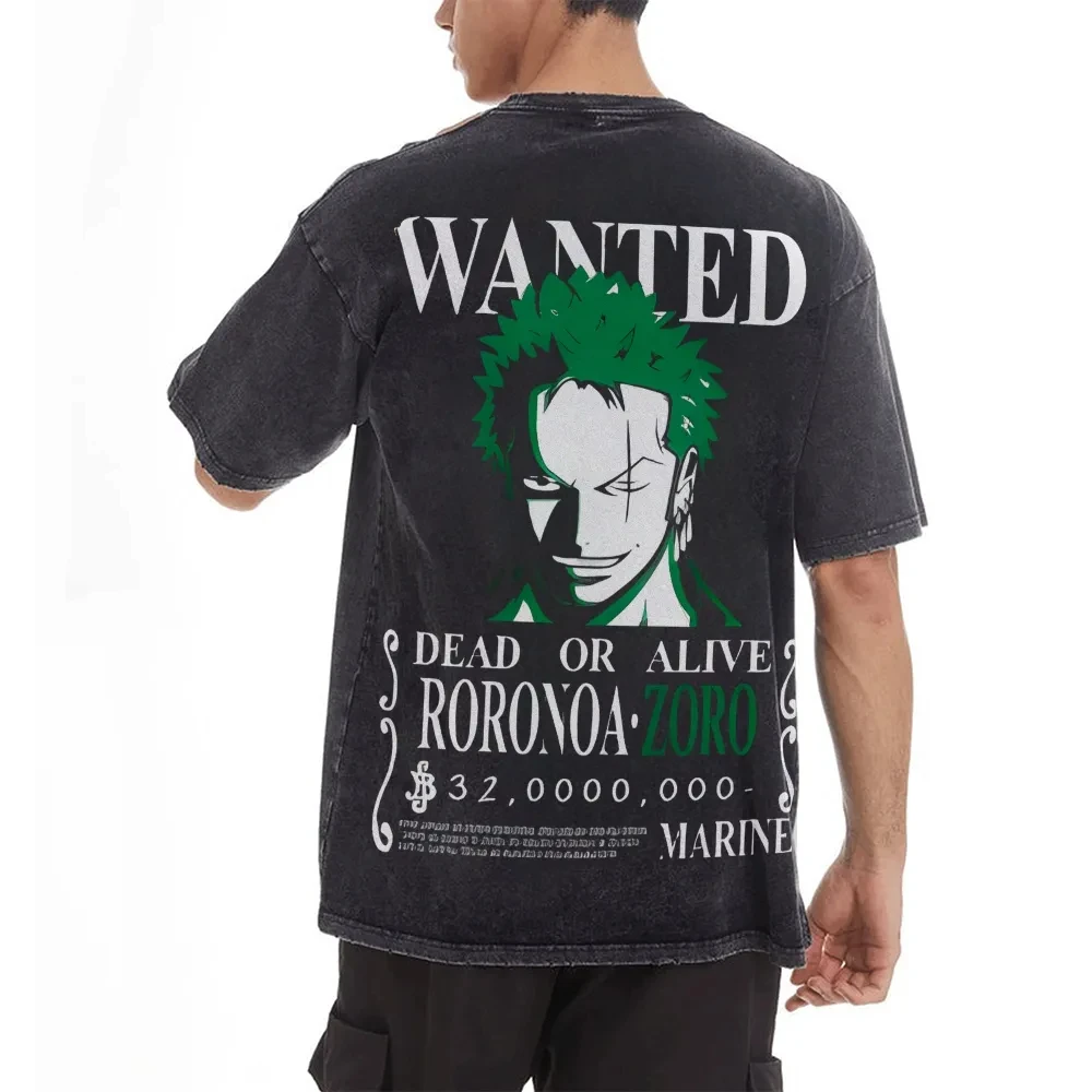 

Anime ONE PIECE Zoro Men's Washed T-shirt Harajuku Summer Cotton Fitness Vintage Street Oversized Women's Casual Short Sleeves