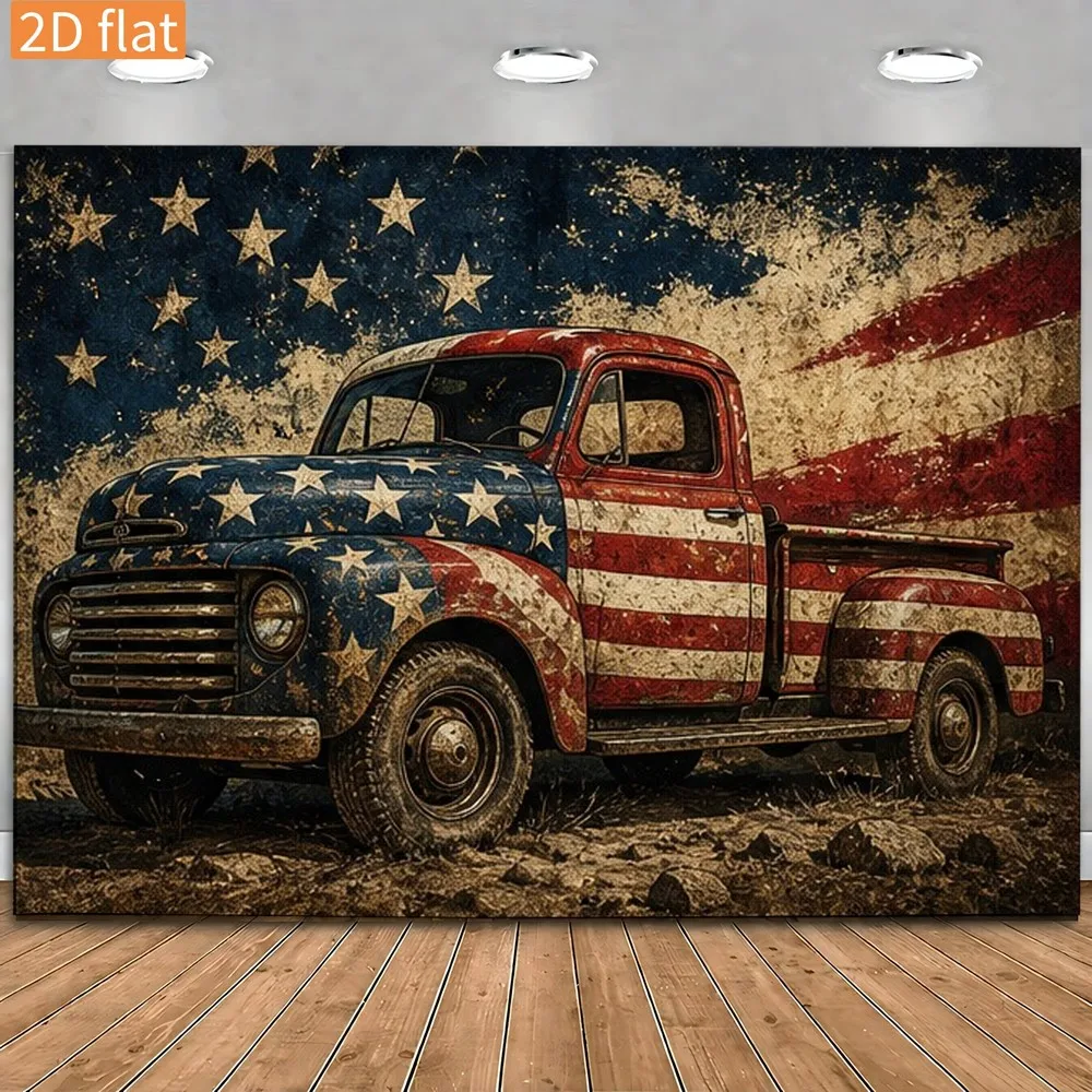 Vintage American Flag Pickup Truck Patriotic Rustic 2D Flat Tapestry Backdrop For Garage Decor USA Theme Wall Hanging Art