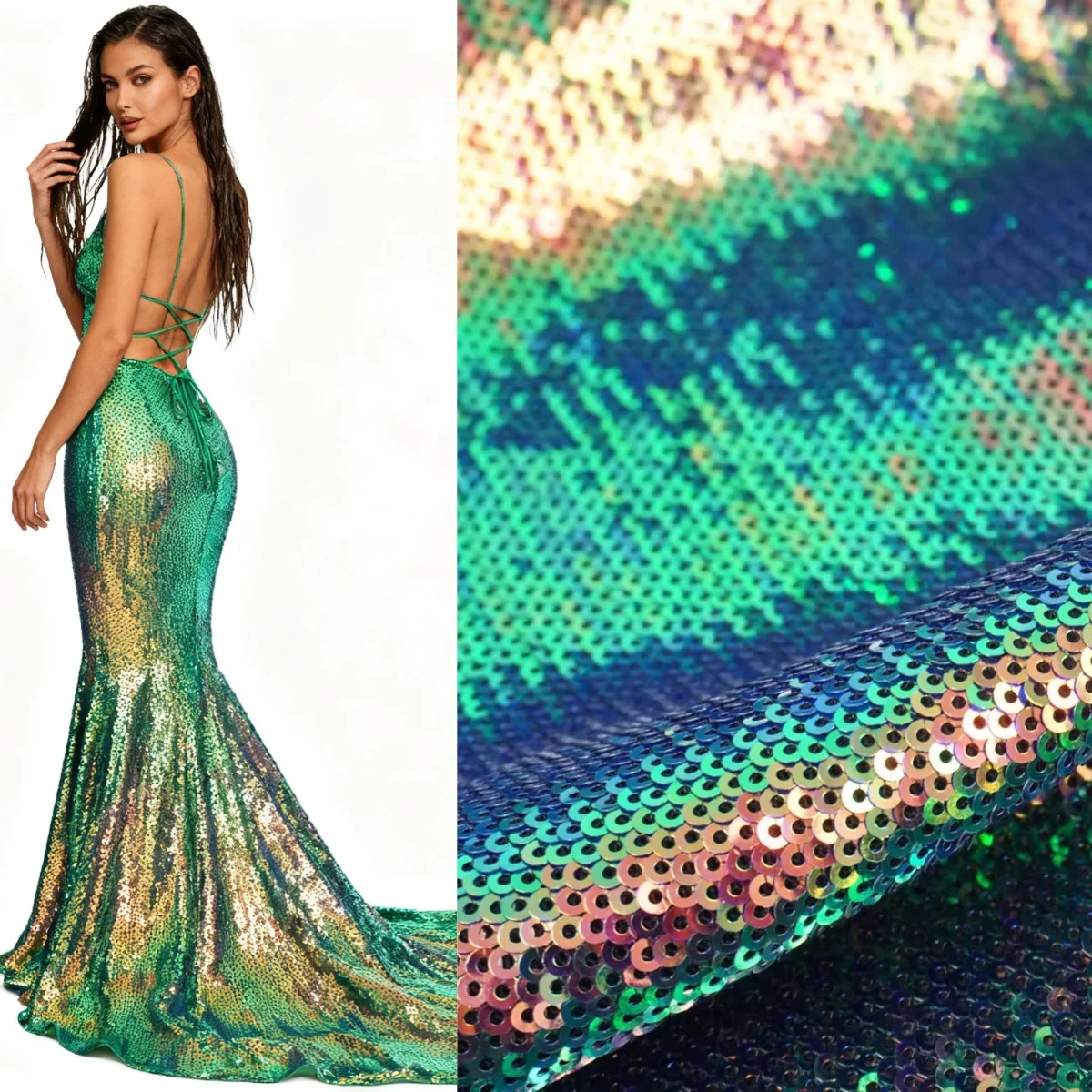 

High order colorful laser green 3mm sequin glossy fabric elastic mesh sewing stage clothing evening gown fabric