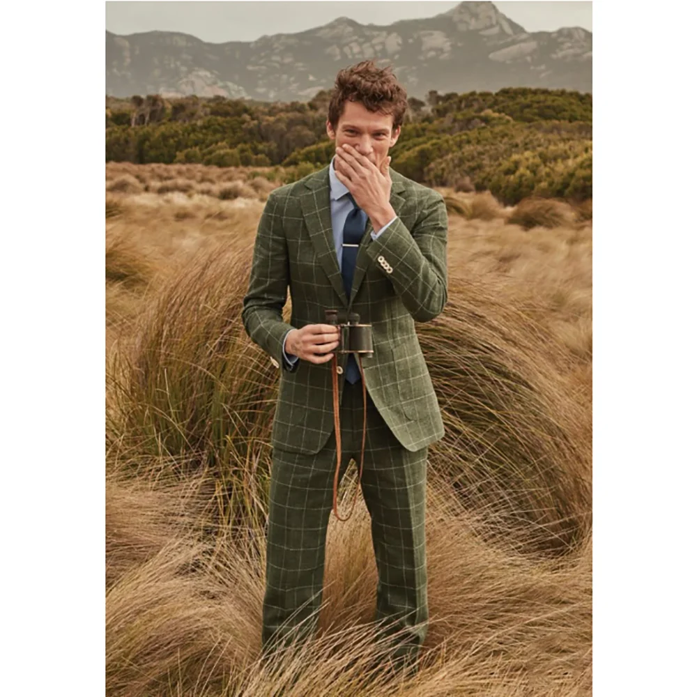 

Green Plaid Suit Set Retro Style Fashion Men 2 Piecs Blazer Pants Social Party Work Commute Male Suits