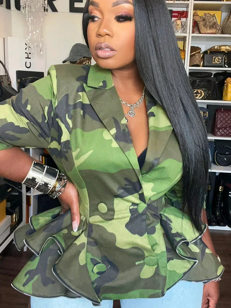 

Doyerl Streetwear Camouflage Shirts & Blouses Women Clothing Double-breasted Notched Collar Ruffles Harajuku Blusas Para Mujeres