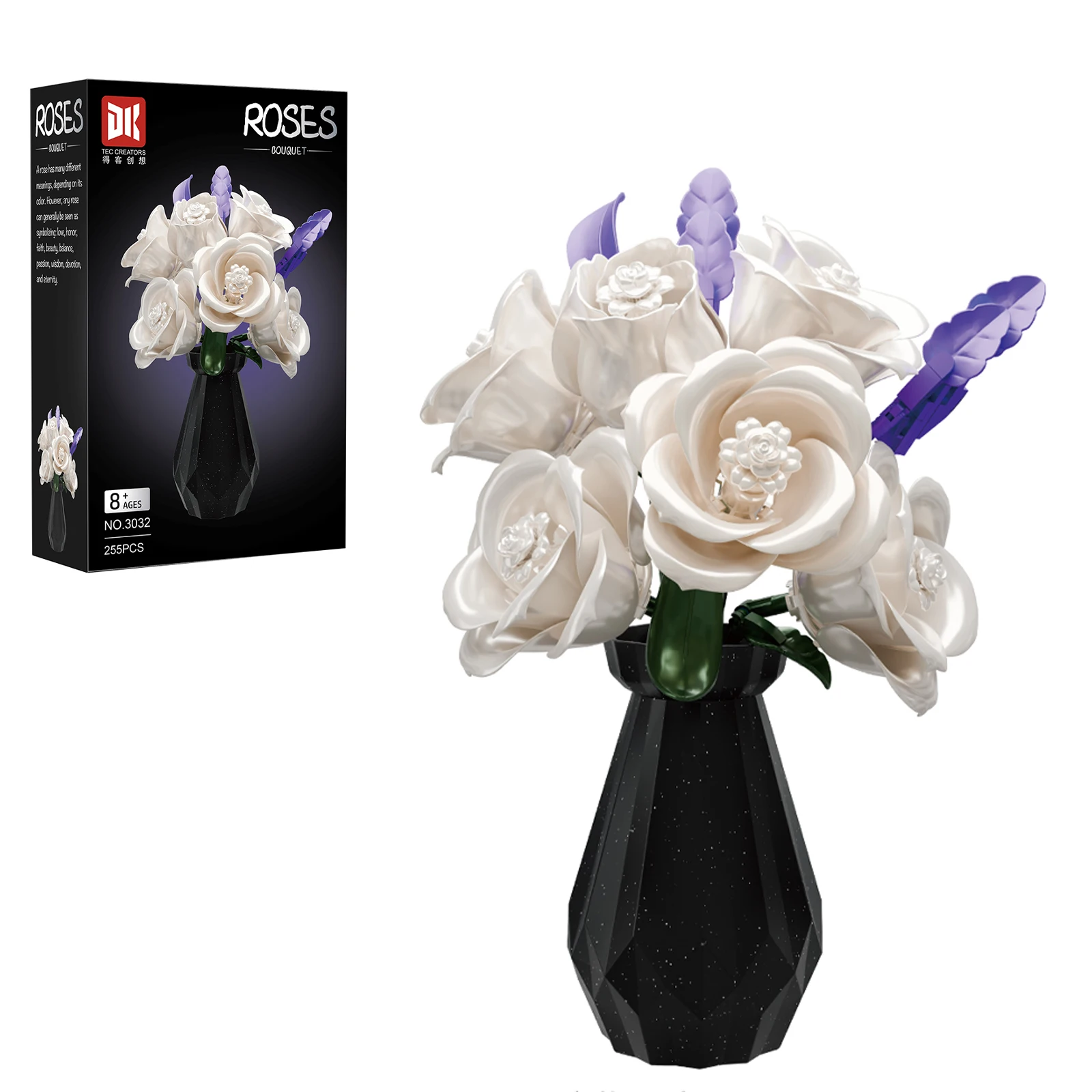 

3032 255Pcs White Rose Bouquet with Vase, Realistic Potted Plant Building Bricks, Mini Blocks for DIY Home Decor