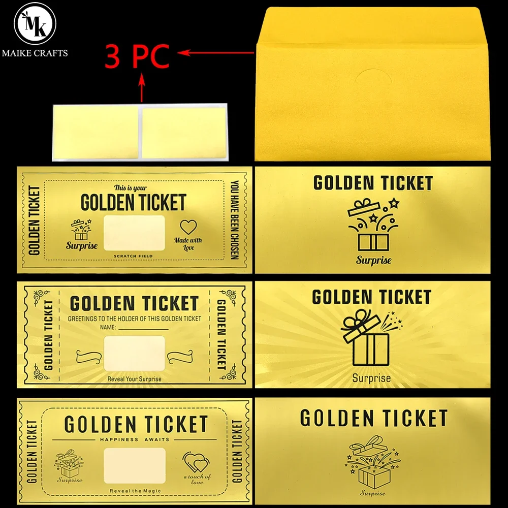 Golden Scratch-Off Ticket with Envelope and Sticker  Surprise Gift Card for Birthday, Romantic Love, - Reveal Your Wish,