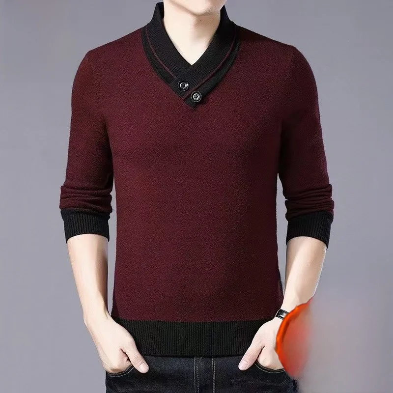 

2024 Winter Thiened Woolen Sweater Men's Youth Korean Version Fce Lined V-ne Camere Knitted irt Casual Sle