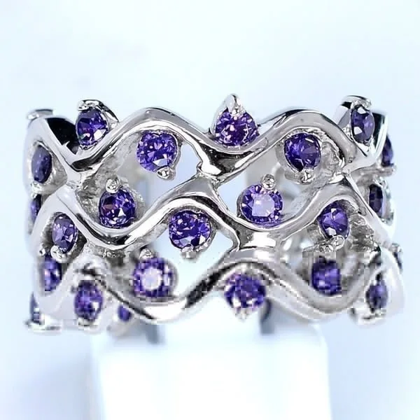 New Korean-style ring set with purple crystal and zirconia, Tanzanite full-diamond band, tail ring for women
