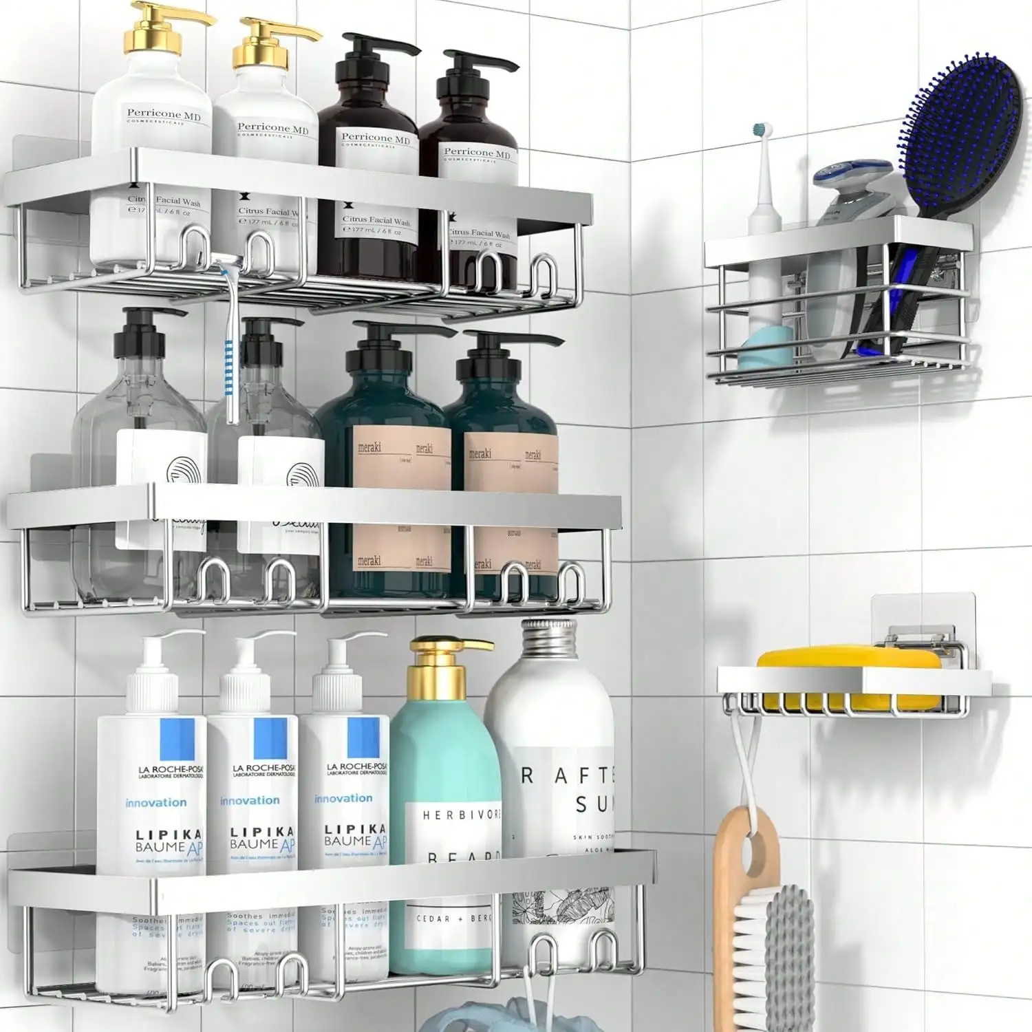 

2/3/5PCS Black Wall Mounted Bathroom Storage Rack With Soap Caddy & Toothbrush Holder Wall Mounted Bathroom Storage Rack