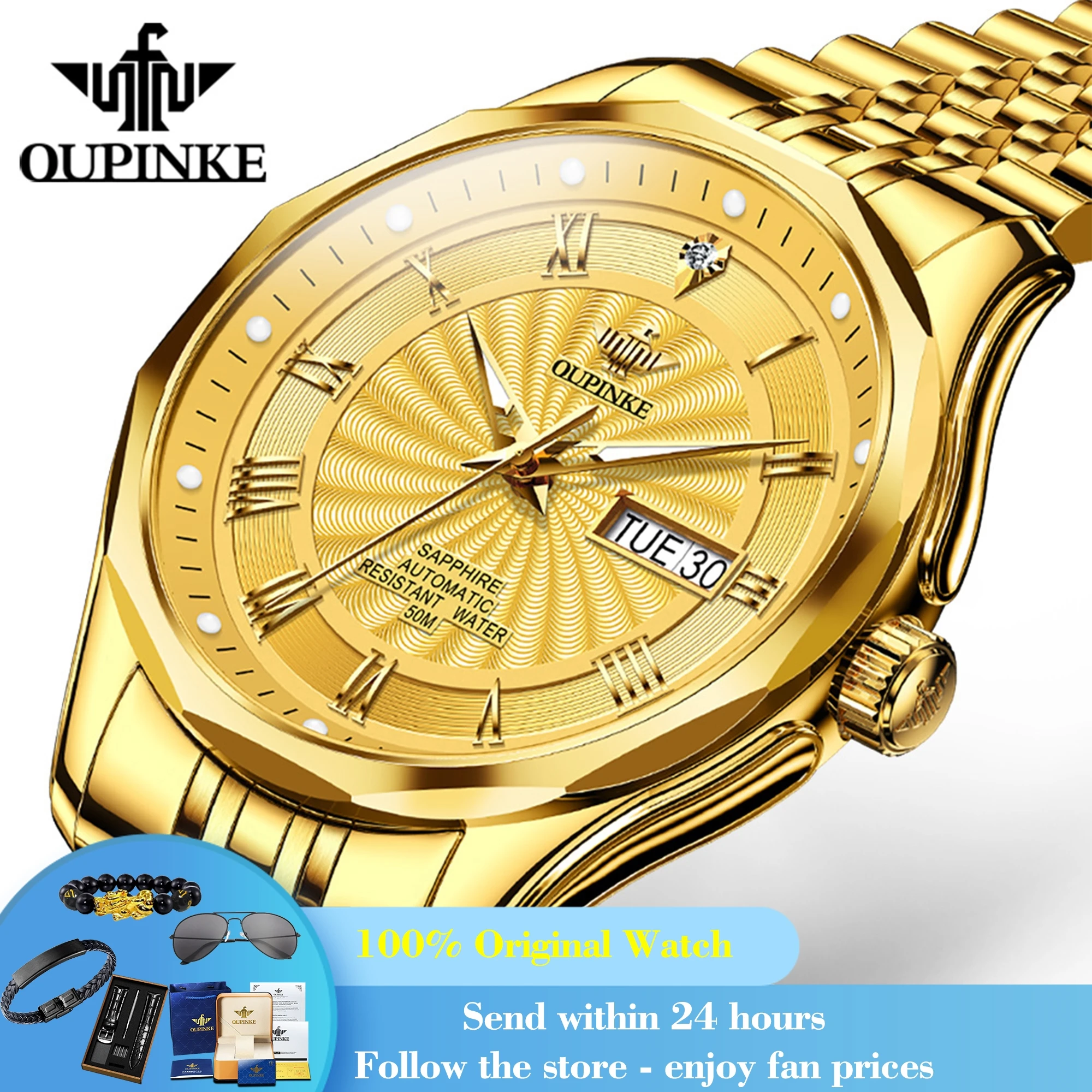 

OUPINKE 3207 Luxury Men Watch Real Diamond Dual Calendar Mechanical Watch For Men Top Brand Waterproof Man Automatic Wristwatch