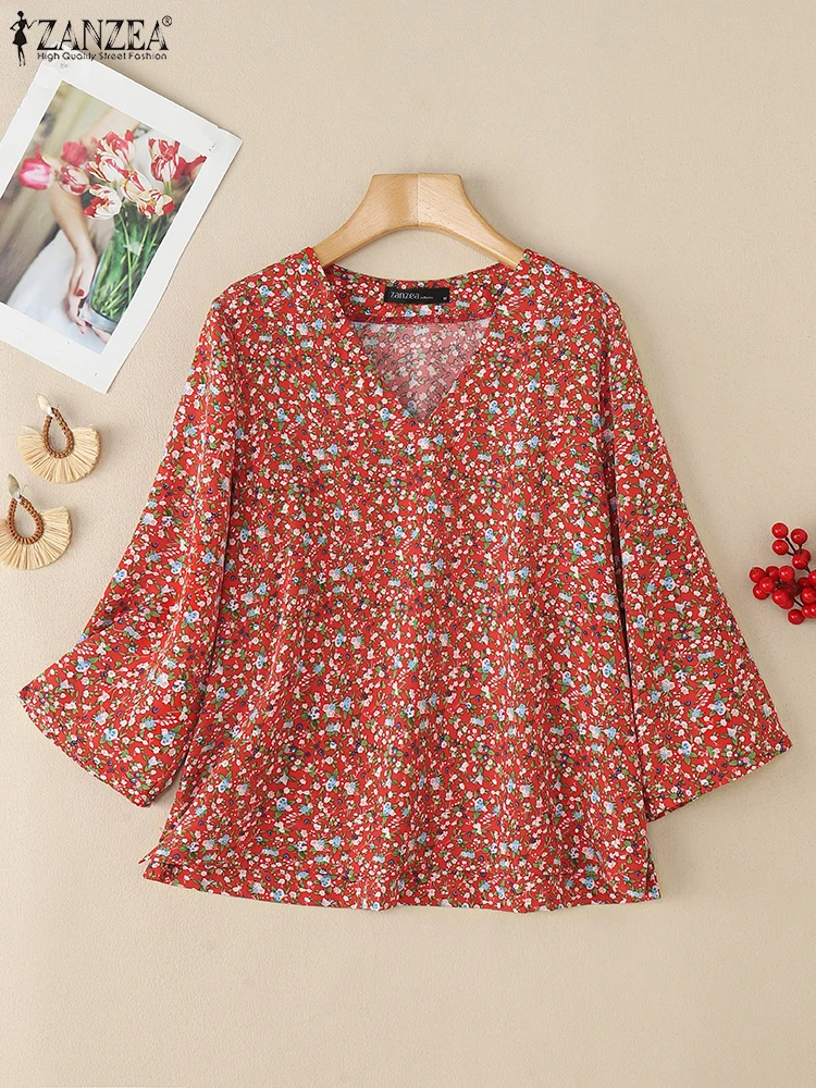 

2025 ZANZEA Autumn Printed Blouses Women V Neck 3/4 Sleeve Tops Casual Holiday Shirt Loose Chemise Female Floral Tunic Mujer